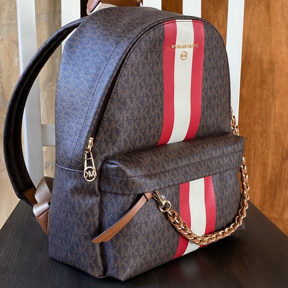 Michael Kors slater signature chain stripe brown backpack brown red white NWT - Picture 2 of 7